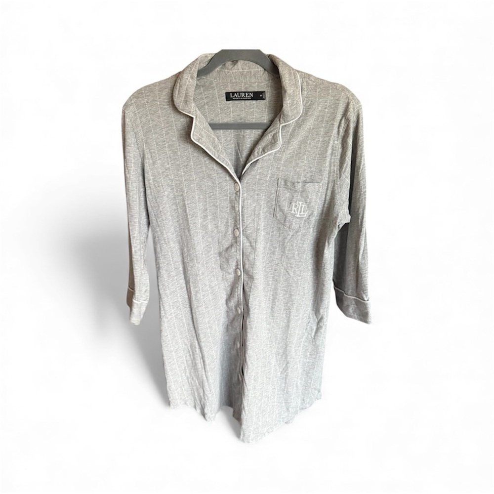 Lauren Ralph Lauren Light Gray Pinstriped Nightshirt Sleep Shirt Pajama